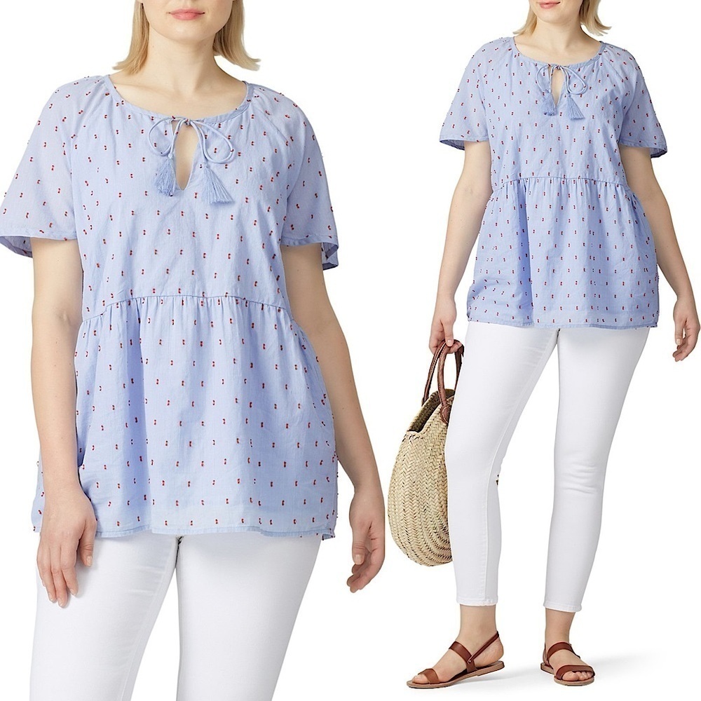 JUNAROSE Cotton Embroidered Dot Short Sleeve Tassel Tie Neck Tunic‎ Top 18